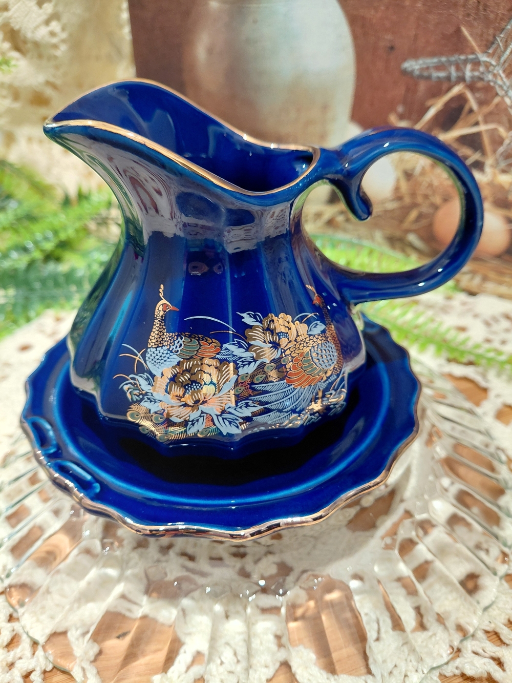 Source Unknown Cobalt Blue Gilded Porcelain Pitcher and Saucer